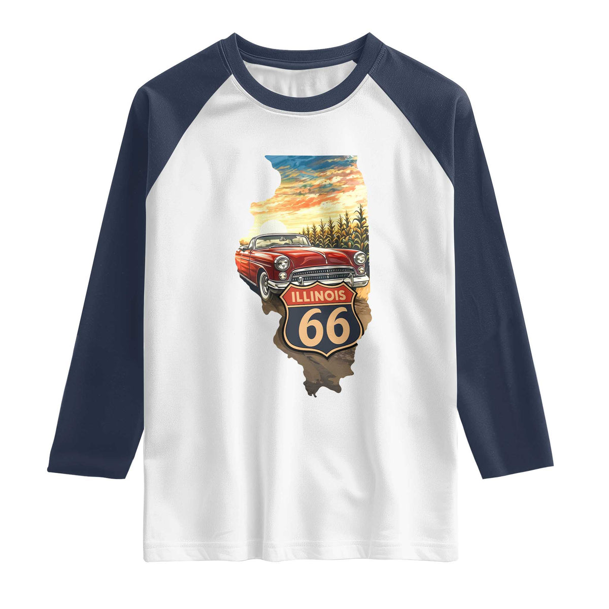 Route Highway 66 Illinois State Pride Raglan Shirt Mother Road Travel Gift TS12 White Navy Print Your Wear