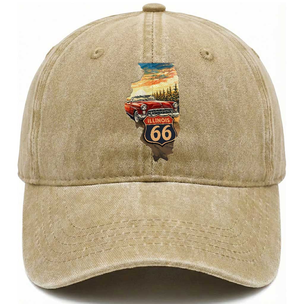 Route Highway 66 Illinois State Pride Washed Cotton Baseball Cap Mother Road Travel Gift TS12 Print Your Wear