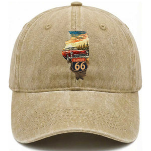 Route Highway 66 Illinois State Pride Washed Cotton Baseball Cap Mother Road Travel Gift TS12 Print Your Wear