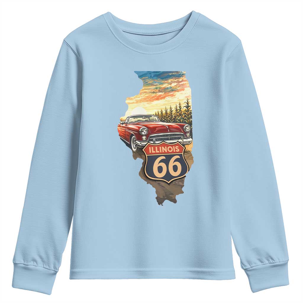 Route Highway 66 Illinois State Pride Youth Sweatshirt Mother Road Travel Gift TS12 Light Blue Print Your Wear