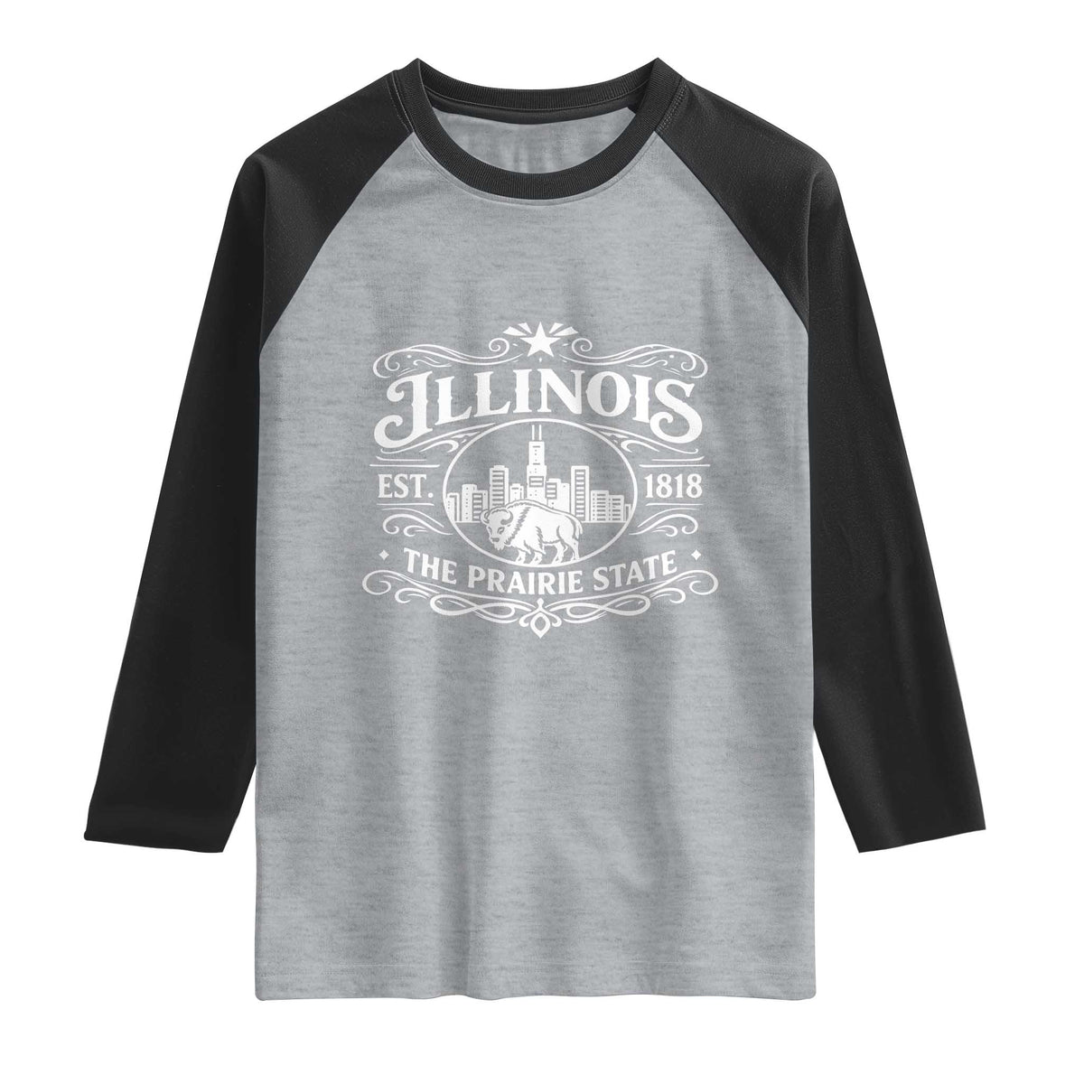 The Prairie State Illinois Souvenir Raglan Shirt Historic Midwest Gift TS12 Heather Gray Black Print Your Wear