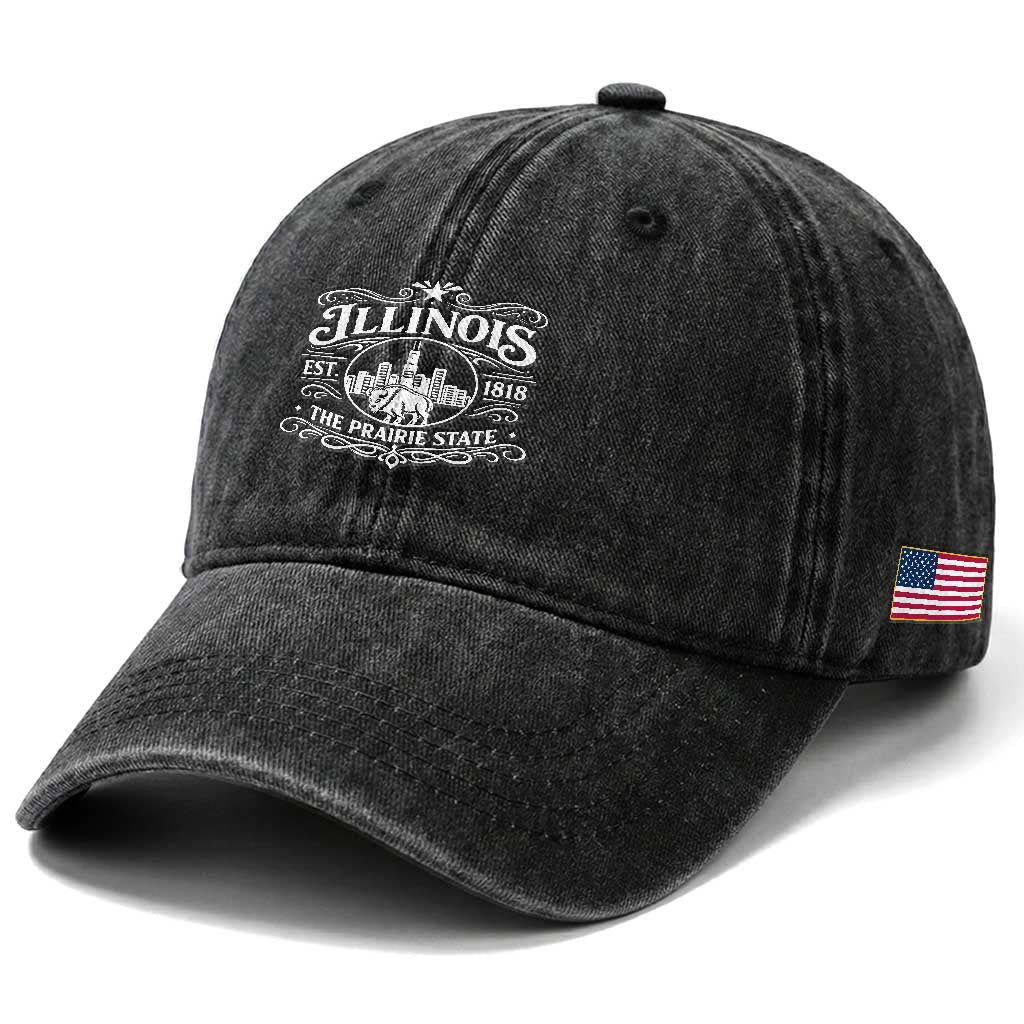 The Prairie State Illinois Souvenir Washed Cotton Baseball Cap Historic Midwest Gift TS12 Print Your Wear