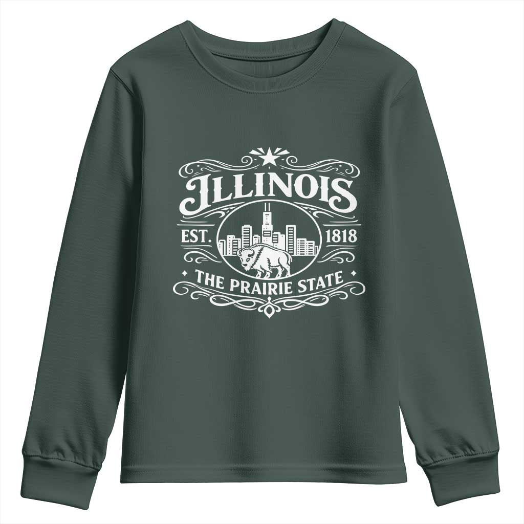 The Prairie State Illinois Souvenir Youth Sweatshirt Historic Midwest Gift TS12 Dark Forest Green Print Your Wear