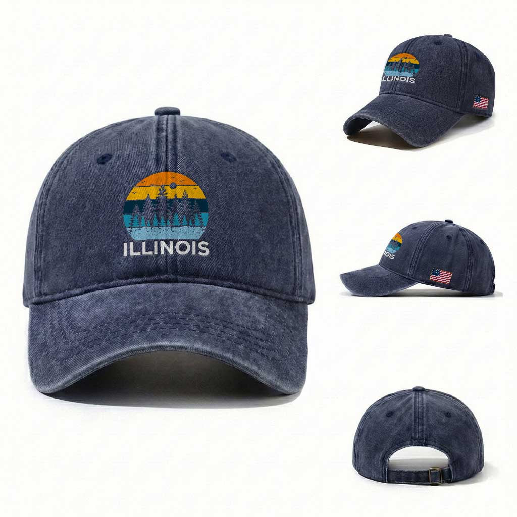 Vintage Illinois Mountain Forest Washed Cotton Baseball Cap Nature Adventure Gift TS12 Washed Cap Universal Fit Navy Print Your Wear