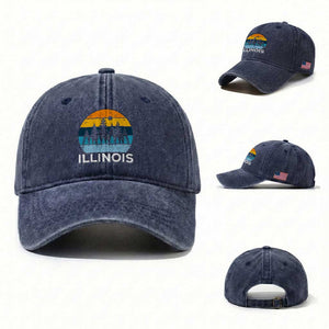 Vintage Illinois Mountain Forest Washed Cotton Baseball Cap Nature Adventure Gift TS12 Washed Cap Universal Fit Navy Print Your Wear
