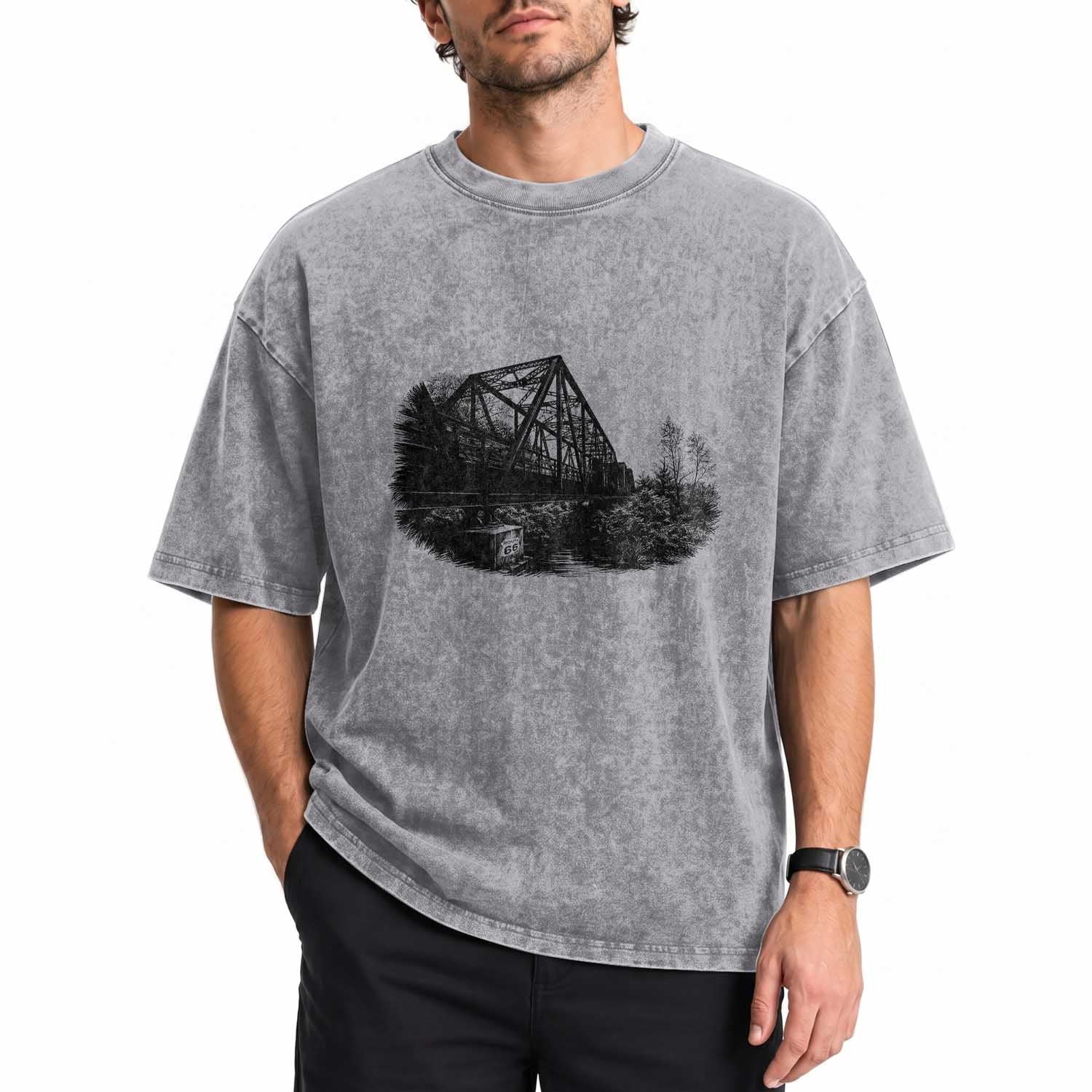 Mother Road Adventure Graphic Washed Cotton T-Shirt Vintage Route Highway 66 Bridge