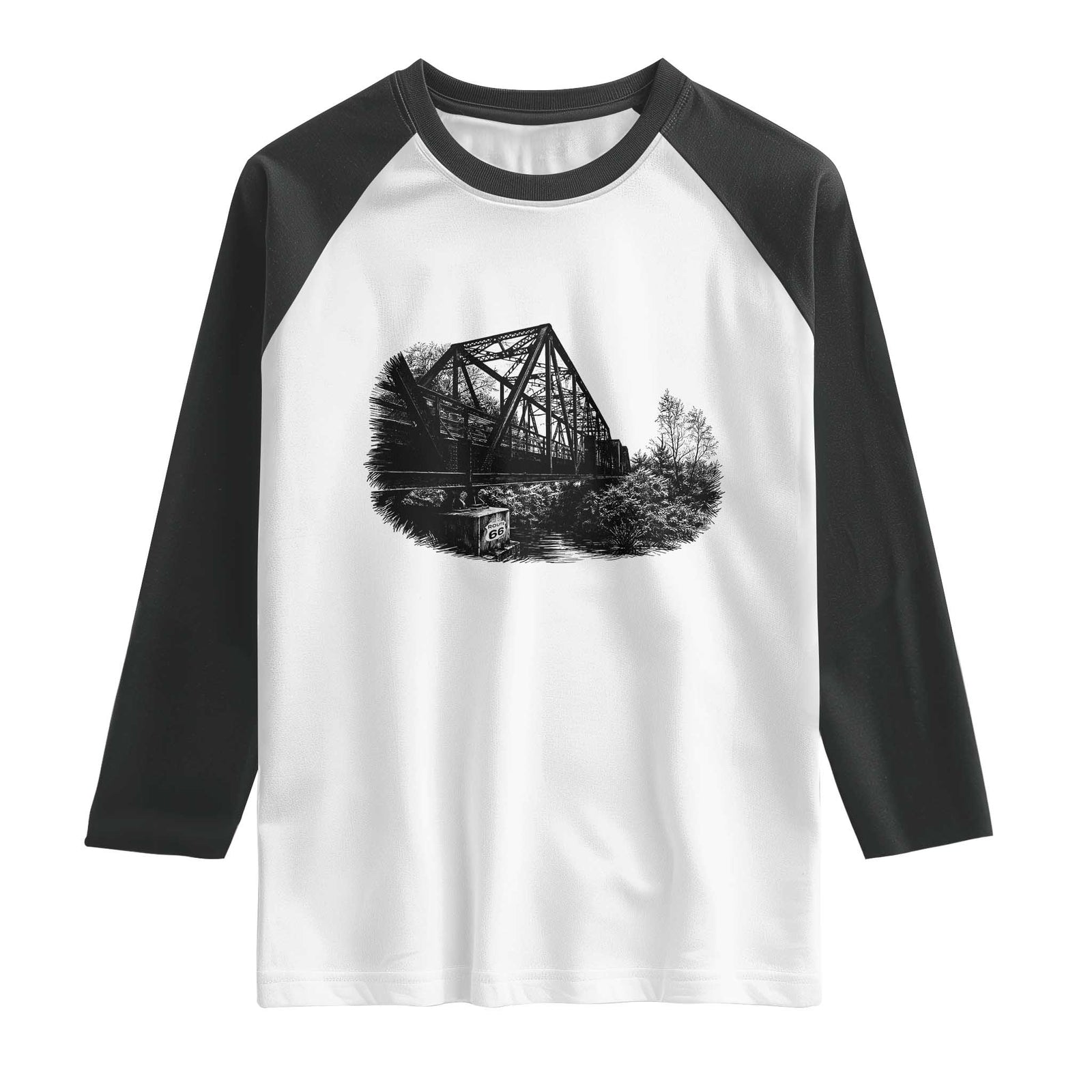 Mother Road Adventure Graphic Raglan Shirt Vintage Route Highway 66 Bridge TS12 White Black Print Your Wear