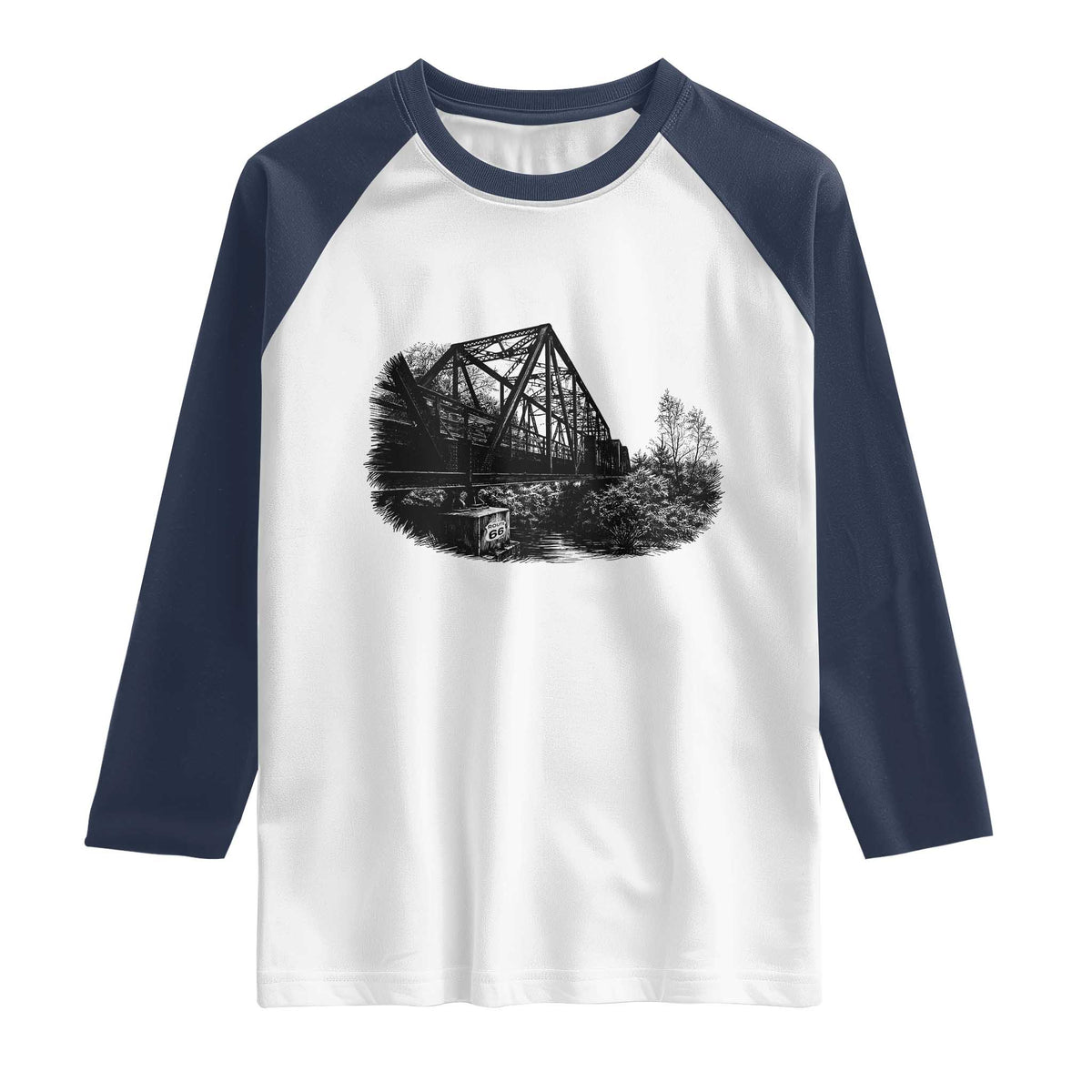Mother Road Adventure Graphic Raglan Shirt Vintage Route Highway 66 Bridge TS12 White Navy Print Your Wear
