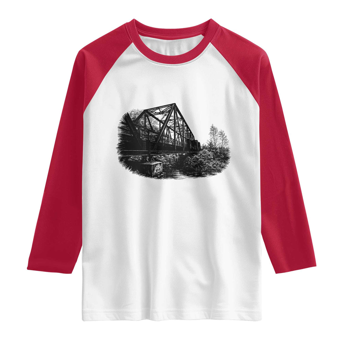 Mother Road Adventure Graphic Raglan Shirt Vintage Route Highway 66 Bridge TS12 White Red Print Your Wear