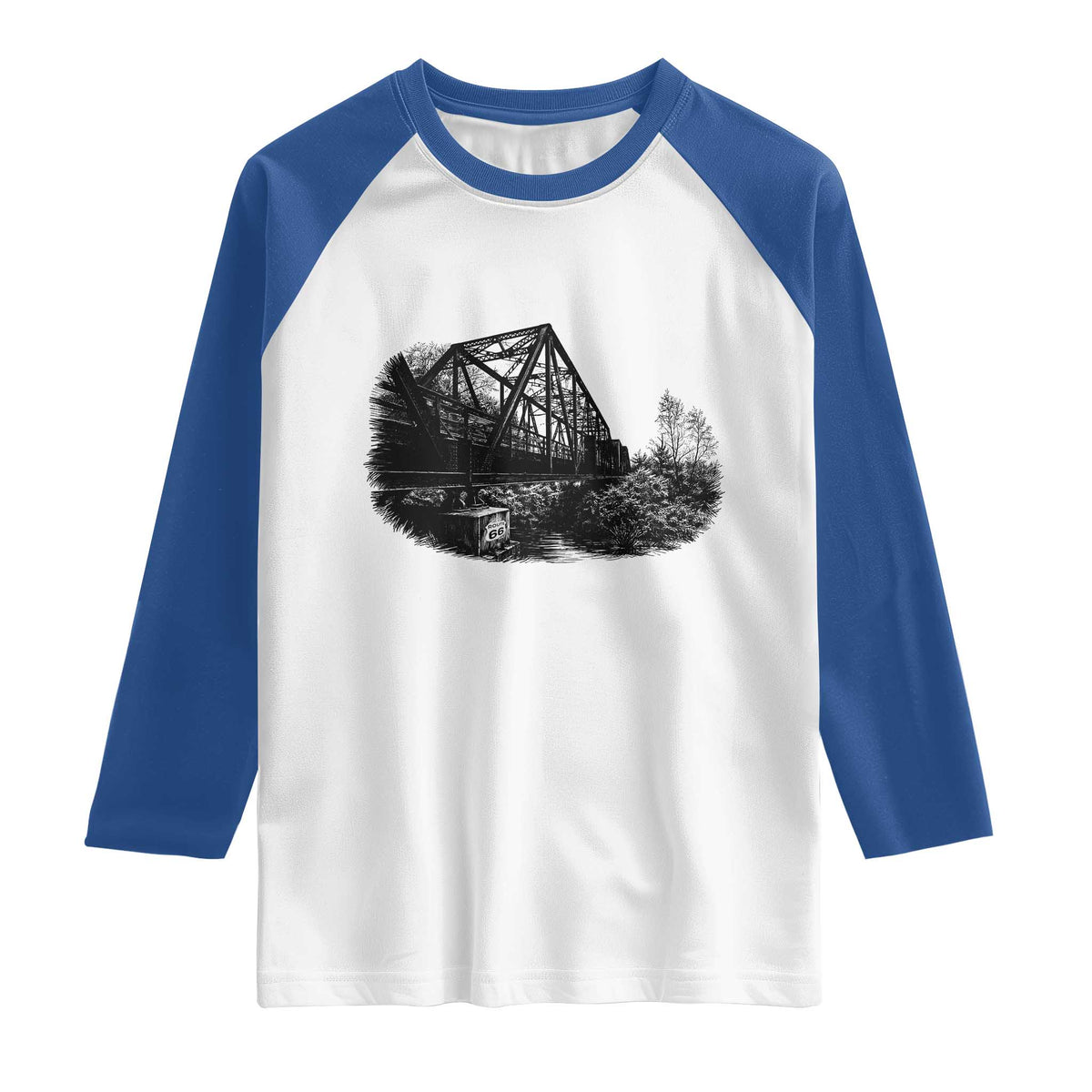 Mother Road Adventure Graphic Raglan Shirt Vintage Route Highway 66 Bridge TS12 White Royal Print Your Wear