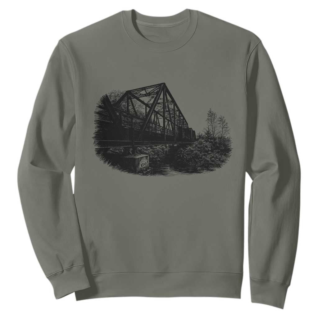 Mother Road Adventure Graphic Sweatshirt Vintage Route Highway 66 Bridge TS12 Military Green Print Your Wear