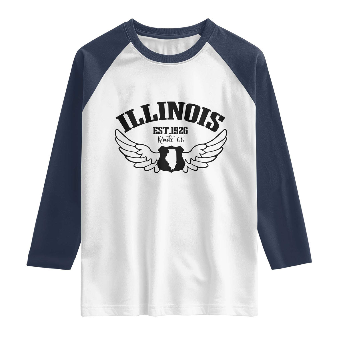Illinois Route Highway 66 Souvenir Raglan Shirt Open Road Adventure TS12 White Navy Print Your Wear