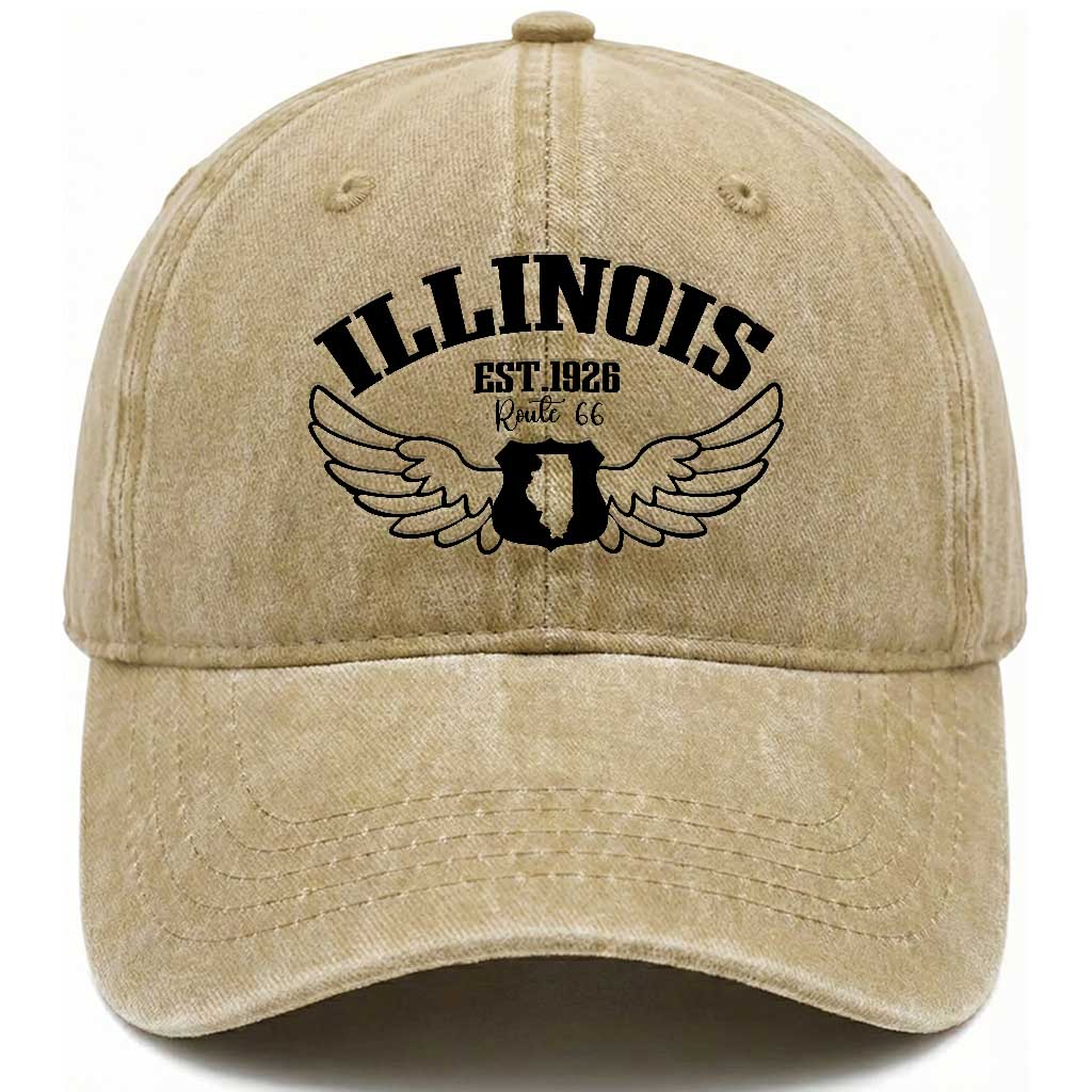 Illinois Route Highway 66 Souvenir Washed Cotton Baseball Cap Open Road Adventure TS12 Print Your Wear