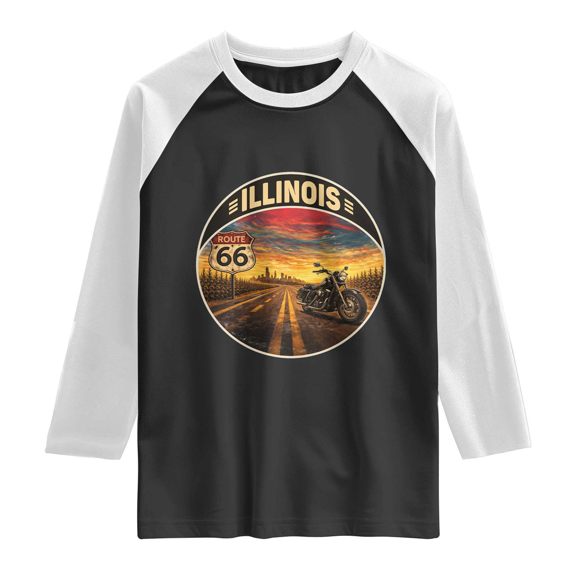 Illinois Route Highway 66 Motorcycle Raglan Shirt Road Trip Adventure TS12 Black White Print Your Wear