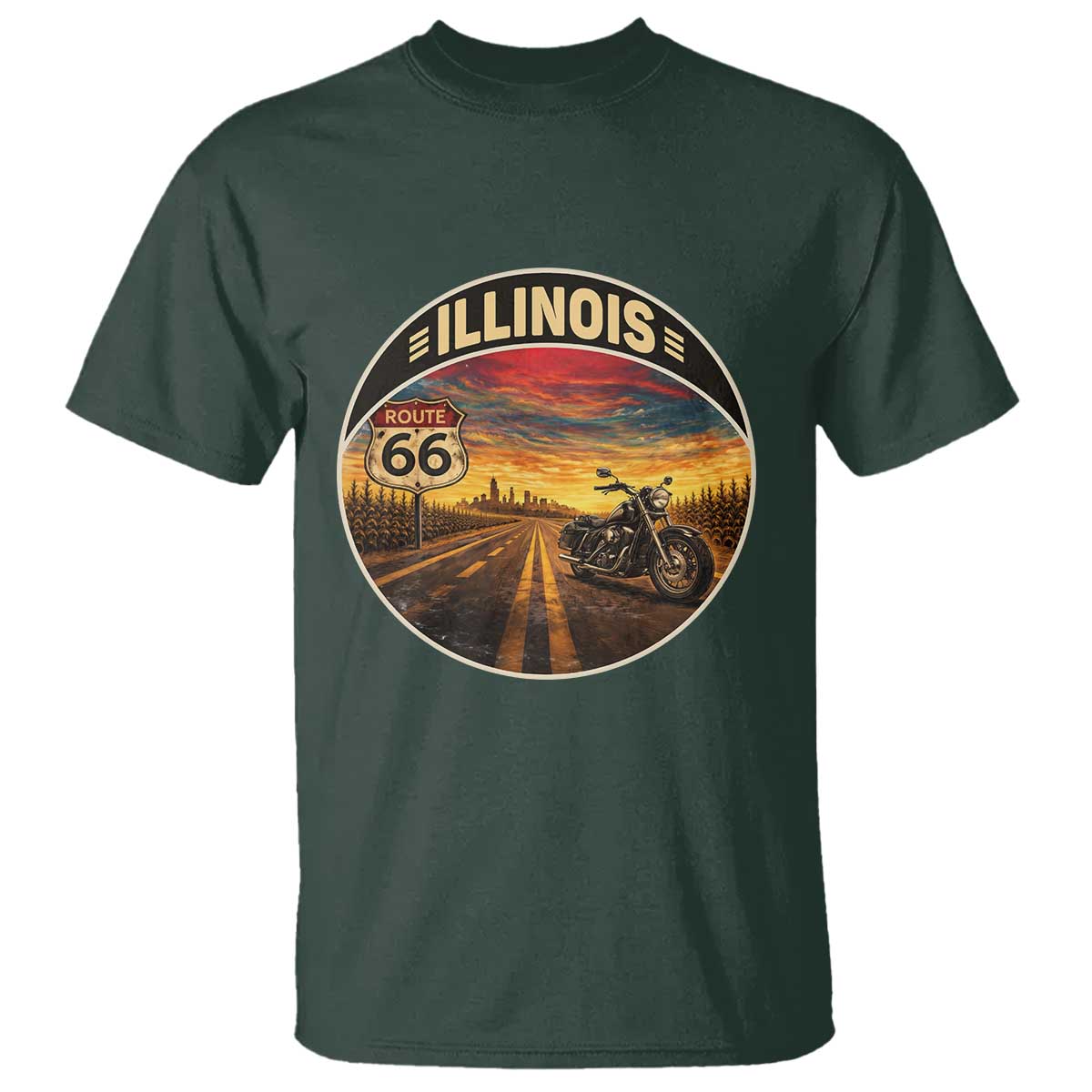 Illinois Route Highway 66 Motorcycle T Shirt Road Trip Adventure TS12 Dark Forest Green Print Your Wear