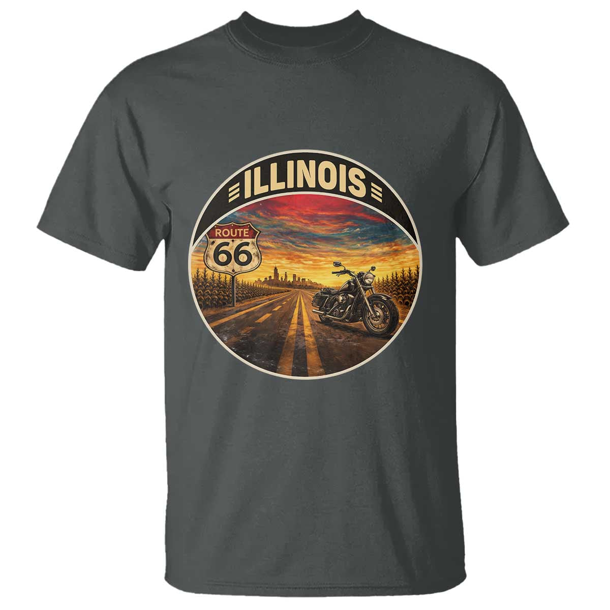Illinois Route Highway 66 Motorcycle T Shirt Road Trip Adventure TS12 Dark Heather Print Your Wear