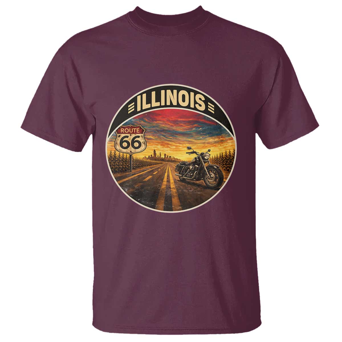 Illinois Route Highway 66 Motorcycle T Shirt Road Trip Adventure TS12 Maroon Print Your Wear