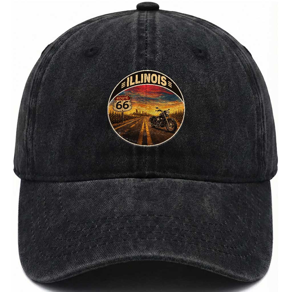 Illinois Route Highway 66 Motorcycle Washed Cotton Baseball Cap Road Trip Adventure TS12 Print Your Wear