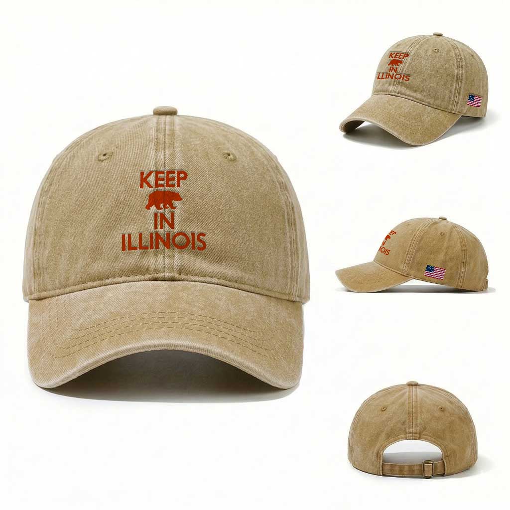 Keep Bear In Illinois CFB Washed Cotton Baseball Cap Chicago Pride Gift TS12 Washed Cap Universal Fit Khaki Print Your Wear