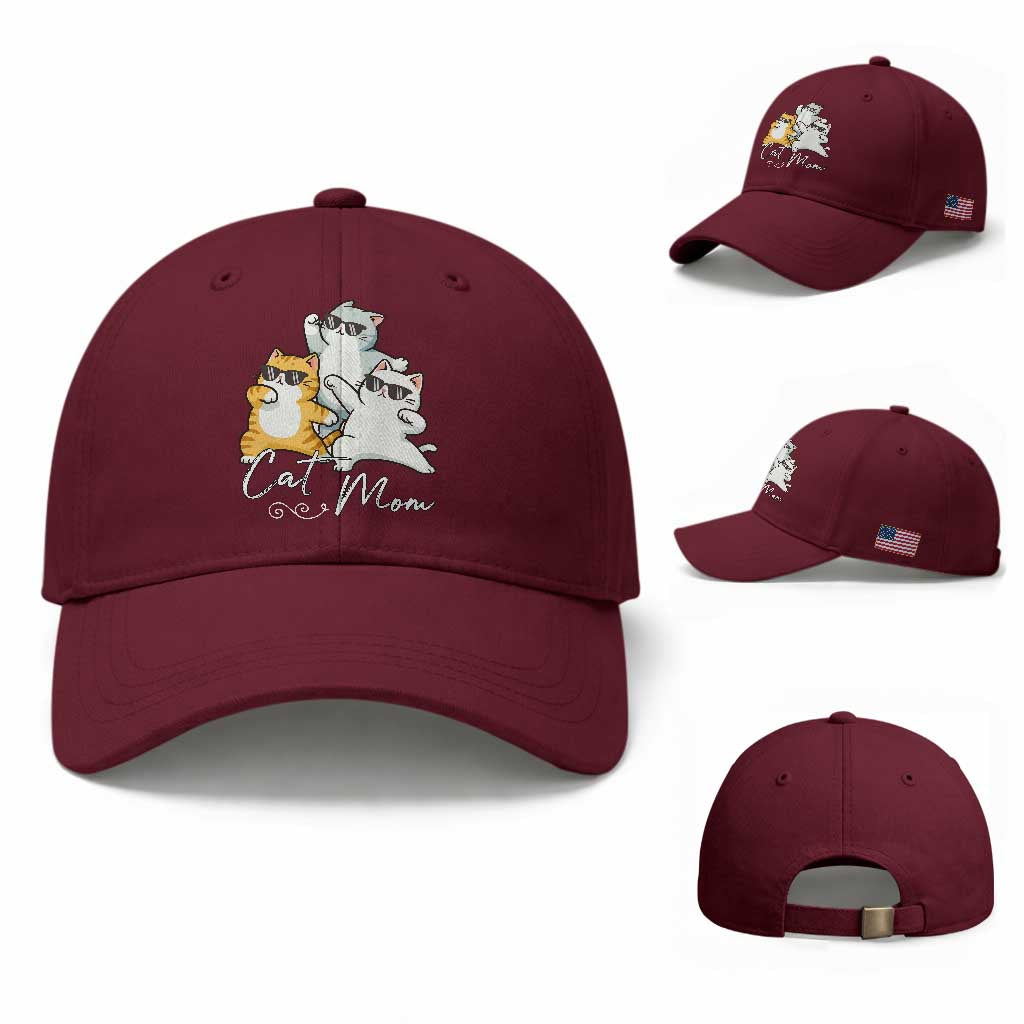 Cat Mom Baseball Cap Three Cool Cats with Sunglasses TS12 Baseball Cap Universal Fit Maroon Print Your Wear