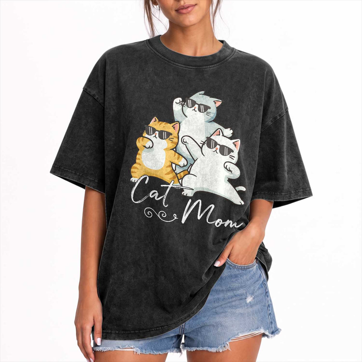 Cat Mom Washed Cotton T-Shirt Three Cool Cats with Sunglasses