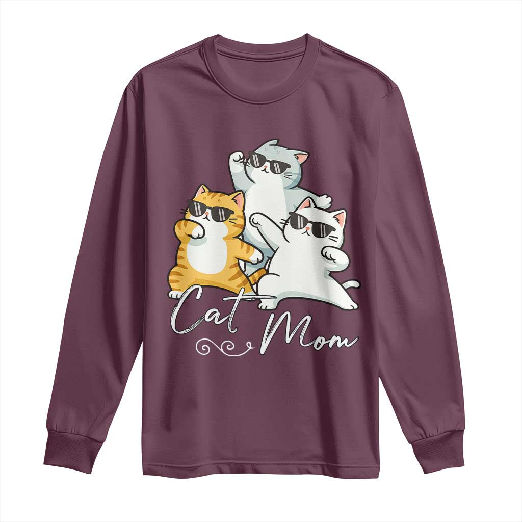 Cat Mom Long Sleeve Shirt Three Cool Cats with Sunglasses TS12 Maroon Print Your Wear