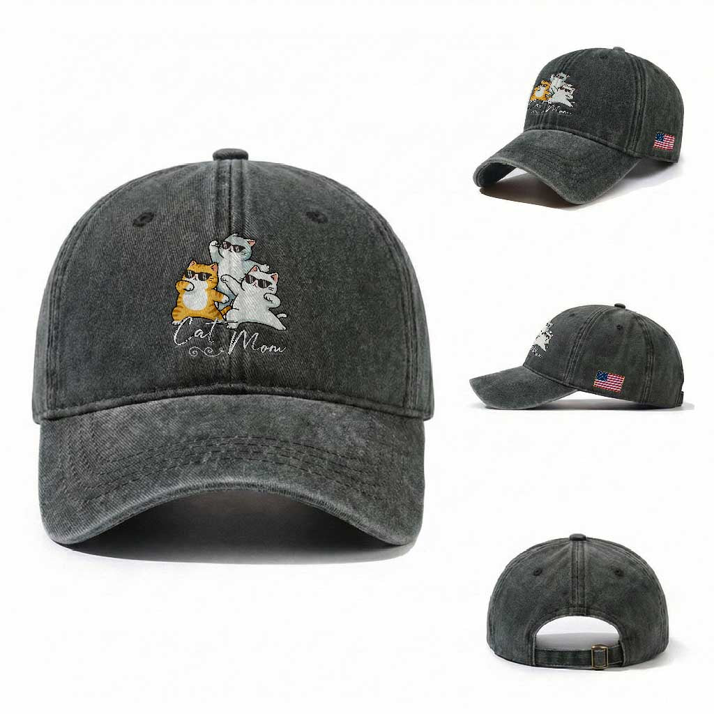 Cat Mom Washed Cotton Baseball Cap Three Cool Cats with Sunglasses TS12 Washed Cap Universal Fit Dark Green Print Your Wear