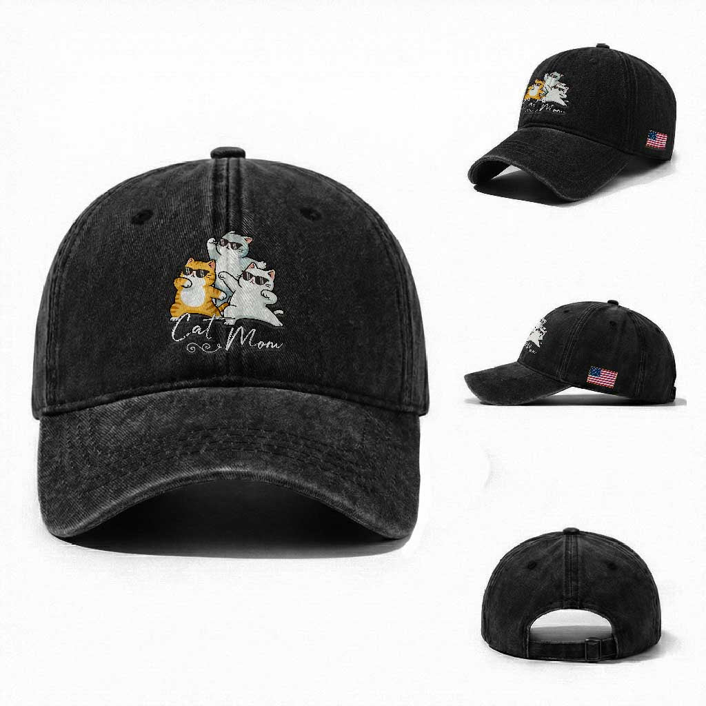 Cat Mom Washed Cotton Baseball Cap Three Cool Cats with Sunglasses TS12 Washed Cap Universal Fit Black Print Your Wear