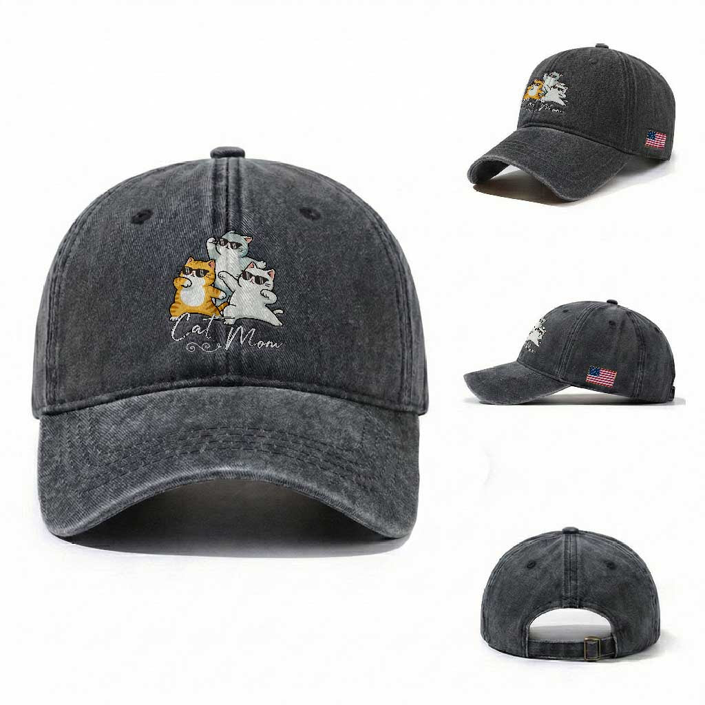 Cat Mom Washed Cotton Baseball Cap Three Cool Cats with Sunglasses TS12 Washed Cap Universal Fit Dark Gray Print Your Wear