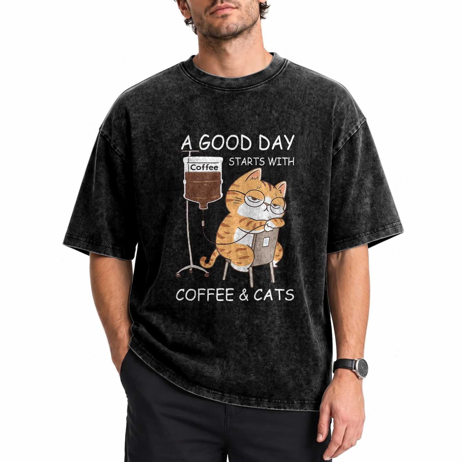 A Good Day Starts With Coffee And Cats Washed Cotton T-Shirt Funny Purrfect Morning