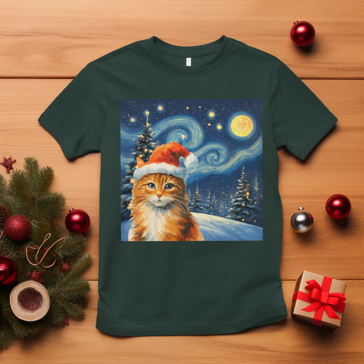Christmas Van Gogh Cat T Shirt In Santa Hat Starry Night TS12 Dark Forest Green Print Your Wear