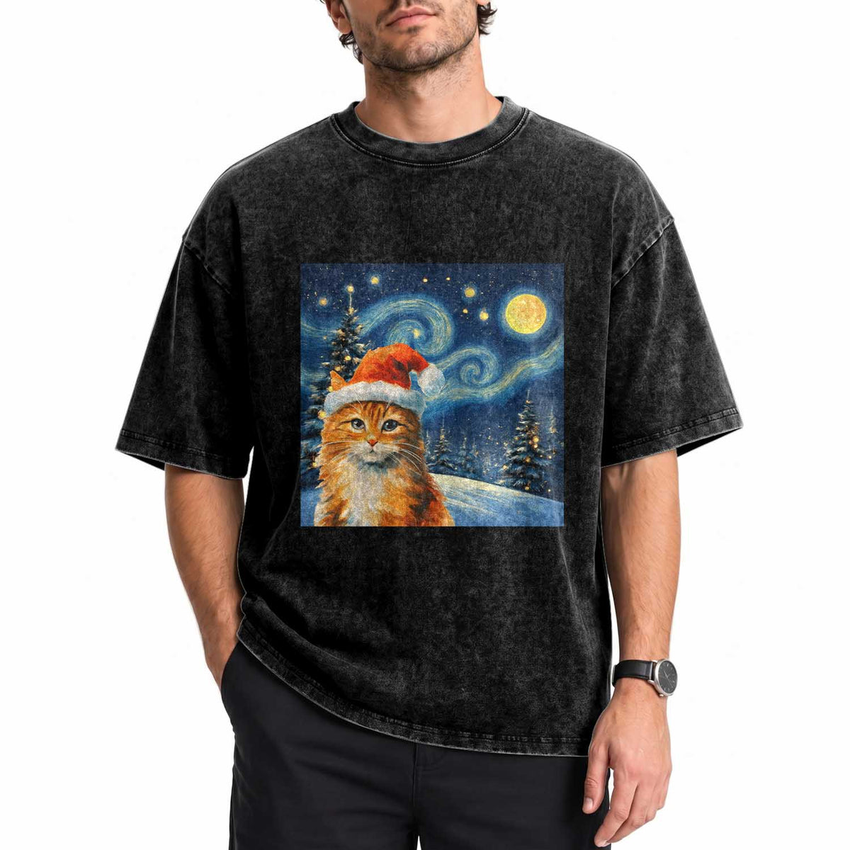Christmas Van Gogh Cat Washed Cotton T-Shirt In Santa Hat Starry Night