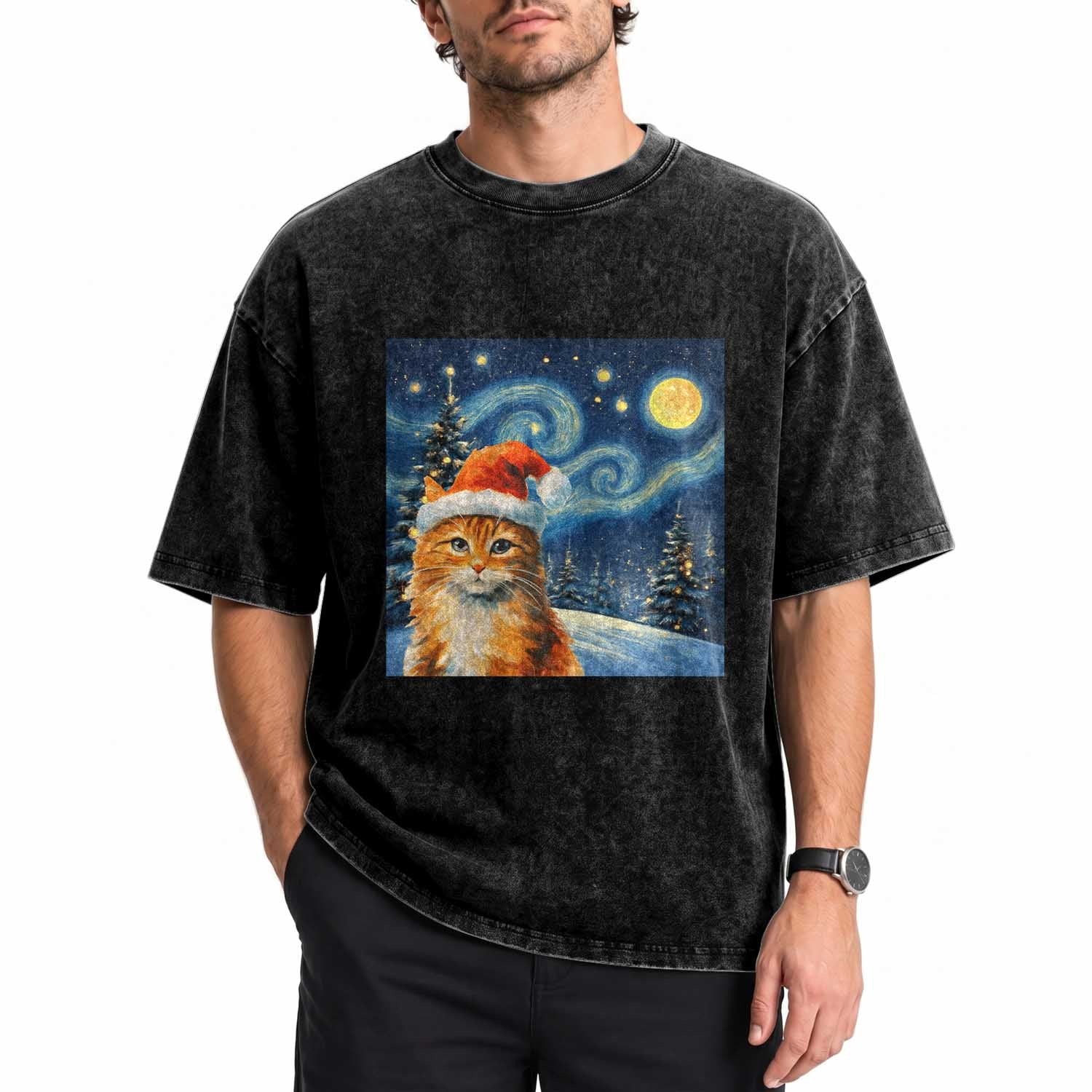 Christmas Van Gogh Cat Washed Cotton T-Shirt In Santa Hat Starry Night