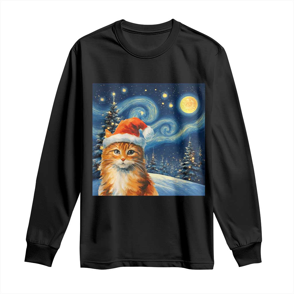 Christmas Van Gogh Cat Long Sleeve Shirt In Santa Hat Starry Night TS12 Black Print Your Wear
