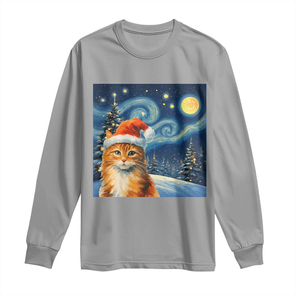 Christmas Van Gogh Cat Long Sleeve Shirt In Santa Hat Starry Night TS12 Sport Gray Print Your Wear