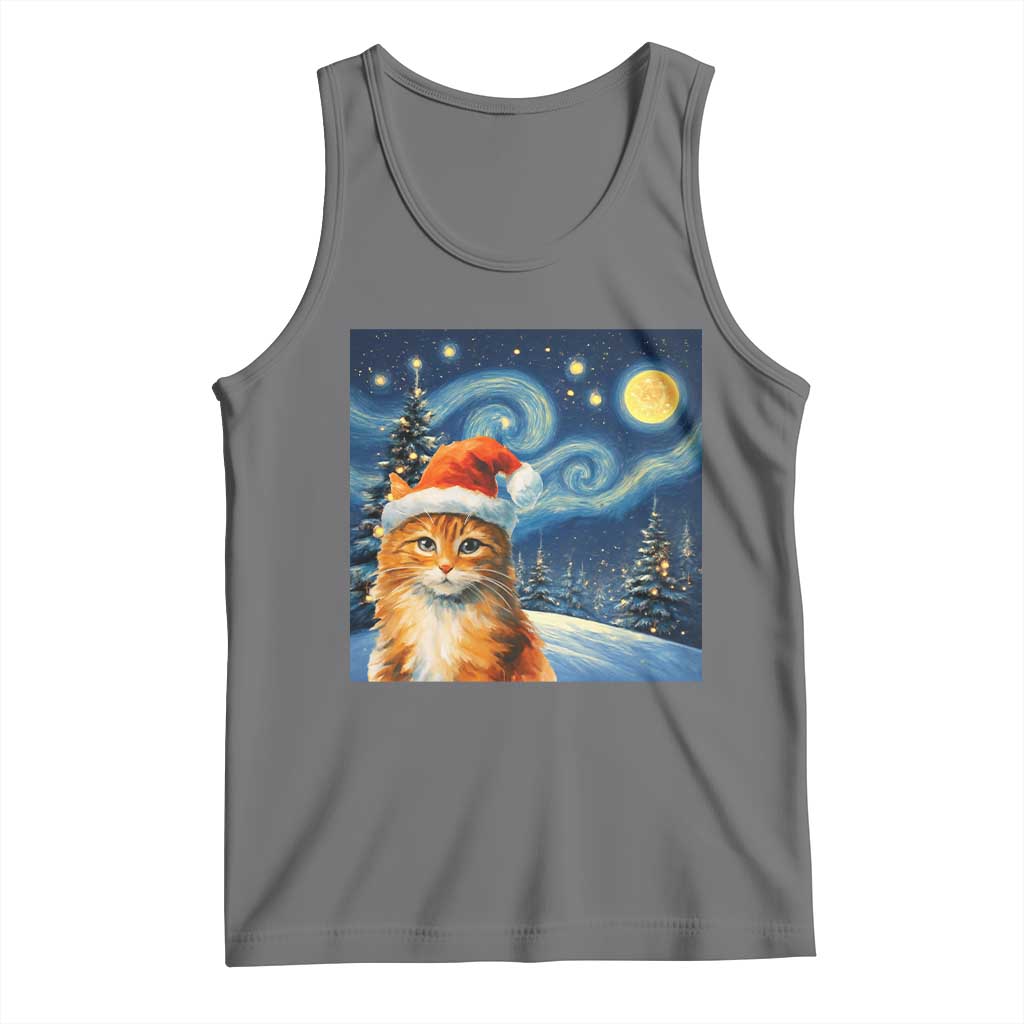 Christmas Van Gogh Cat Tank Top In Santa Hat Starry Night TS12 Black Heather Print Your Wear