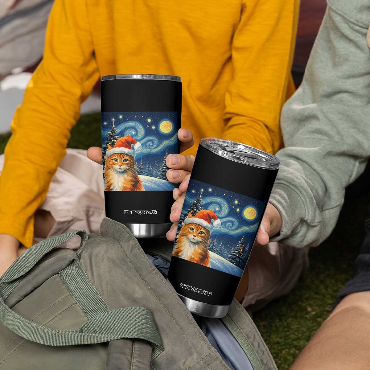 Christmas Van Gogh Cat Tumbler Cup In Santa Hat Starry Night TS12 Print Your Wear
