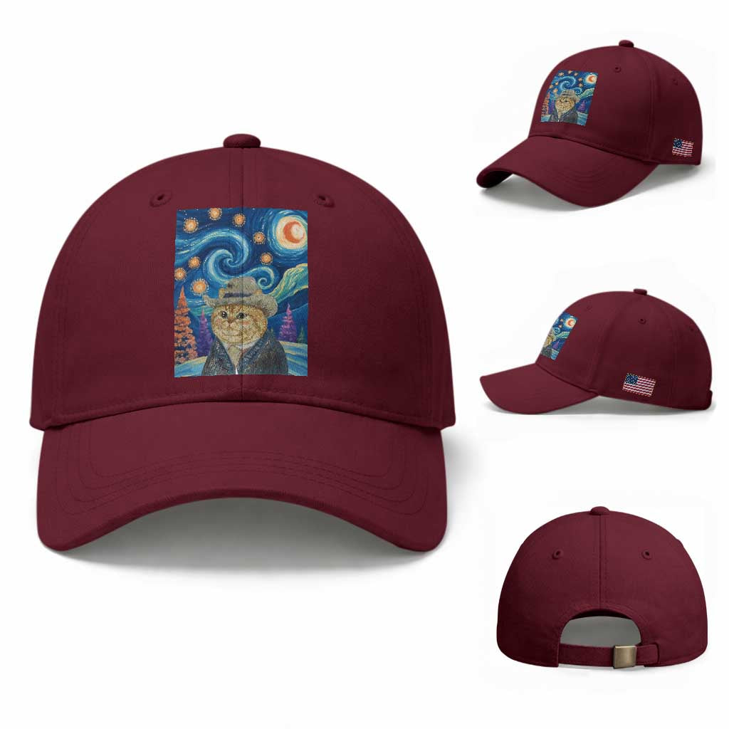 Funny Van Gogh Cat in Starry Night Baseball Cap TS12 Baseball Cap Universal Fit Maroon Print Your Wear