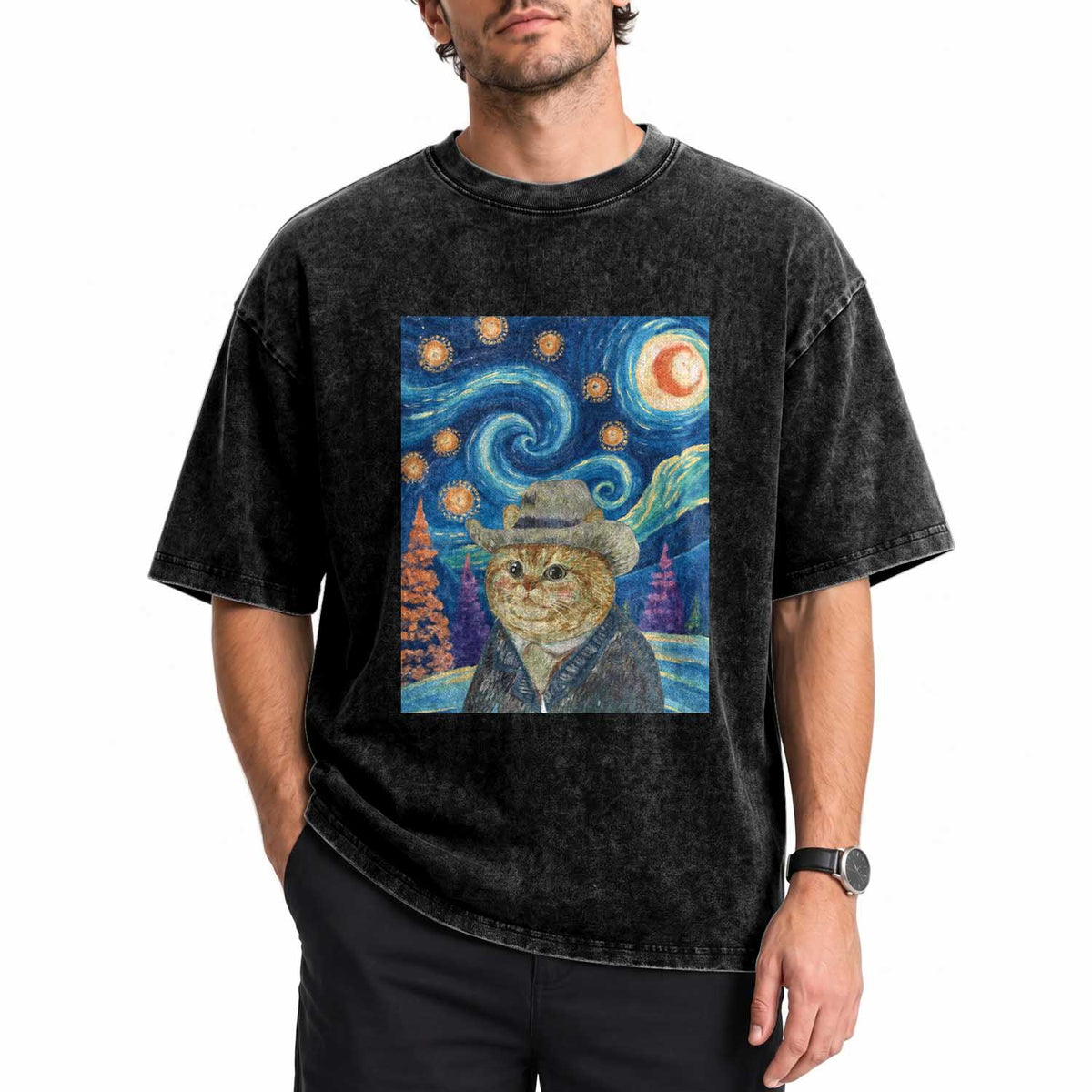 Funny Van Gogh Cat in Starry Night Washed Cotton T-Shirt