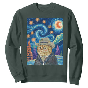 Funny Van Gogh Cat in Starry Night Sweatshirt TS12 Dark Forest Green Print Your Wear