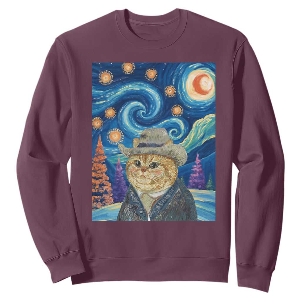 Funny Van Gogh Cat in Starry Night Sweatshirt TS12 Maroon Print Your Wear