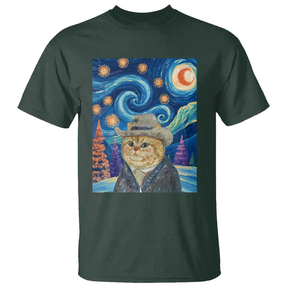 Funny Van Gogh Cat in Starry Night T Shirt TS12 Dark Forest Green Print Your Wear