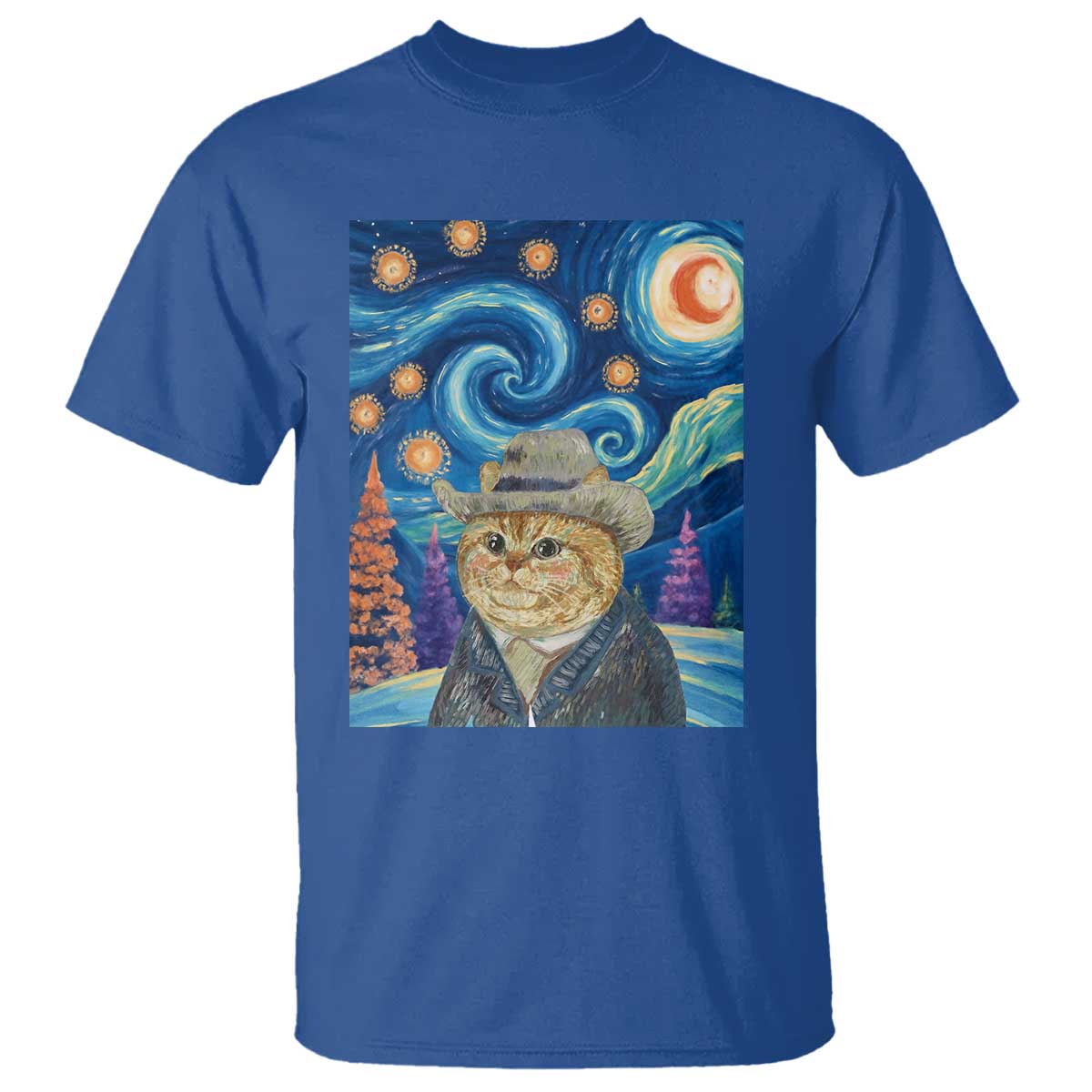Funny Van Gogh Cat in Starry Night T Shirt TS12 Royal Blue Print Your Wear