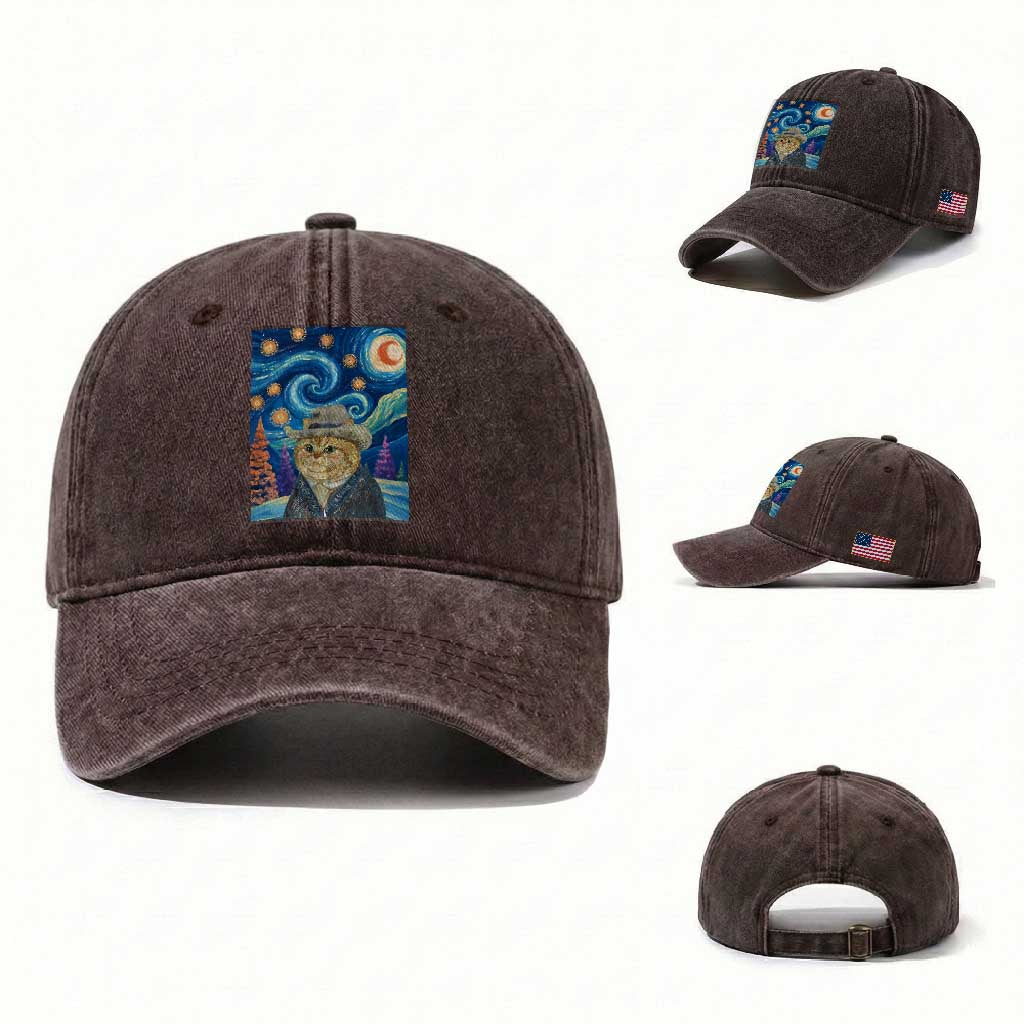 Funny Van Gogh Cat in Starry Night Washed Cotton Baseball Cap TS12 Washed Cap Universal Fit Dark Brown Print Your Wear