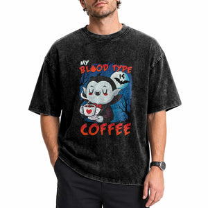My Blood Type Is Coffee Washed Cotton T-Shirt Funny Vampire Halloween