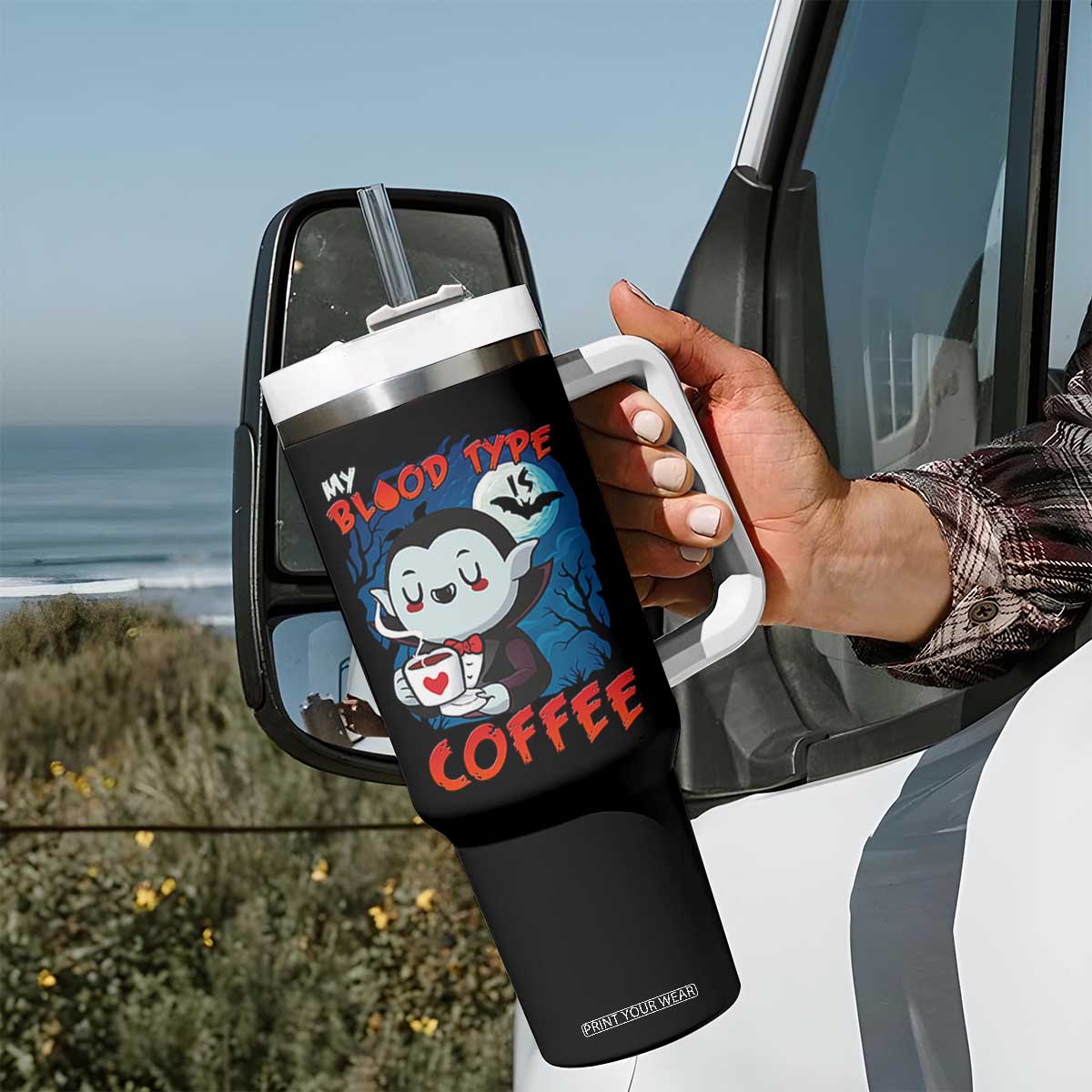 My Blood Type Is Coffee Tumbler With Handle Funny Vampire Halloween TS12 Print Your Wear