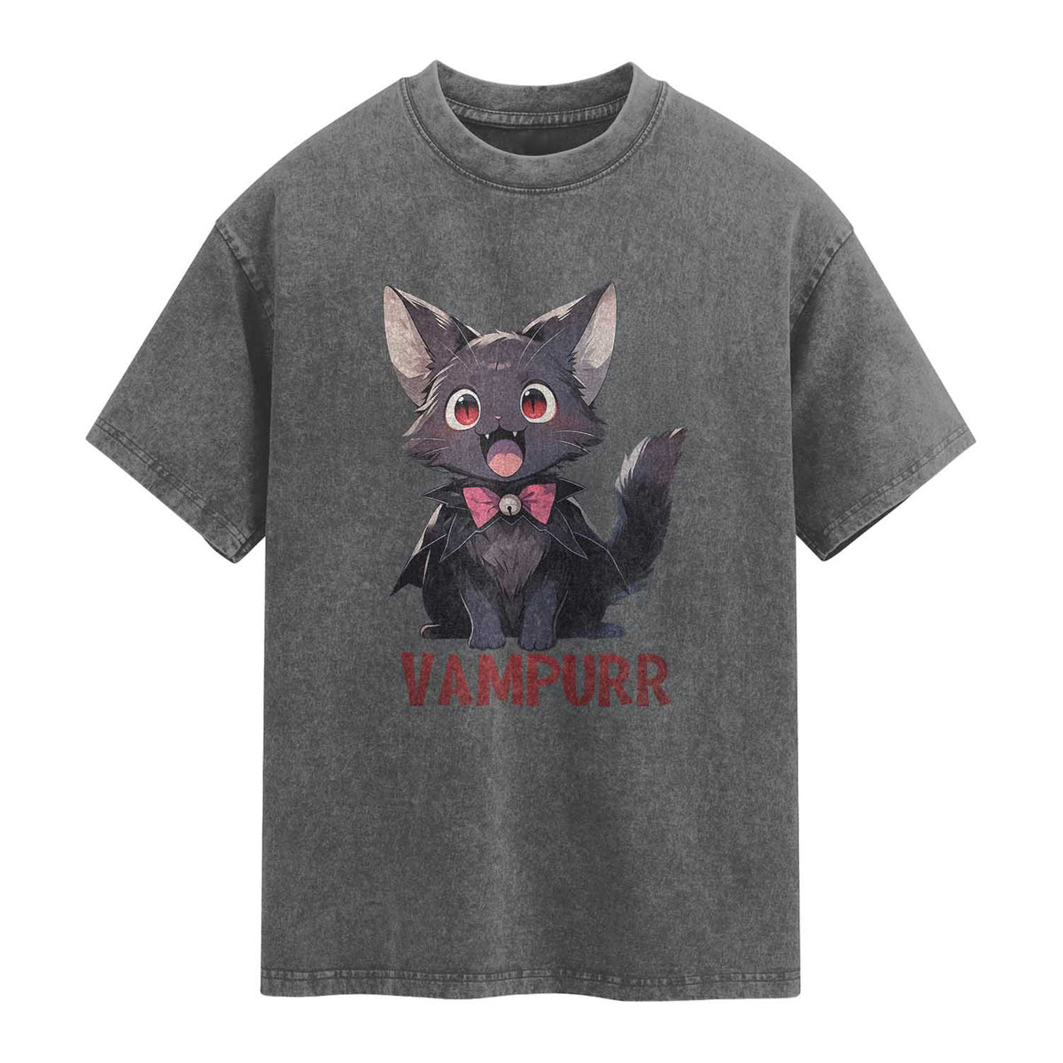 Halloween Black Vampire Cat Washed Cotton T-Shirt Vampurr Cute Kitty Lover