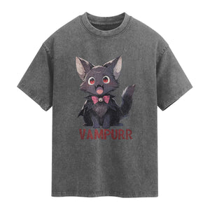 Halloween Black Vampire Cat Washed Cotton T-Shirt Vampurr Cute Kitty Lover