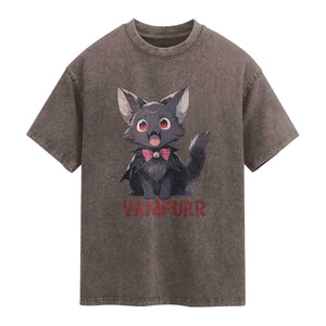 Halloween Black Vampire Cat Washed Cotton T-Shirt Vampurr Cute Kitty Lover