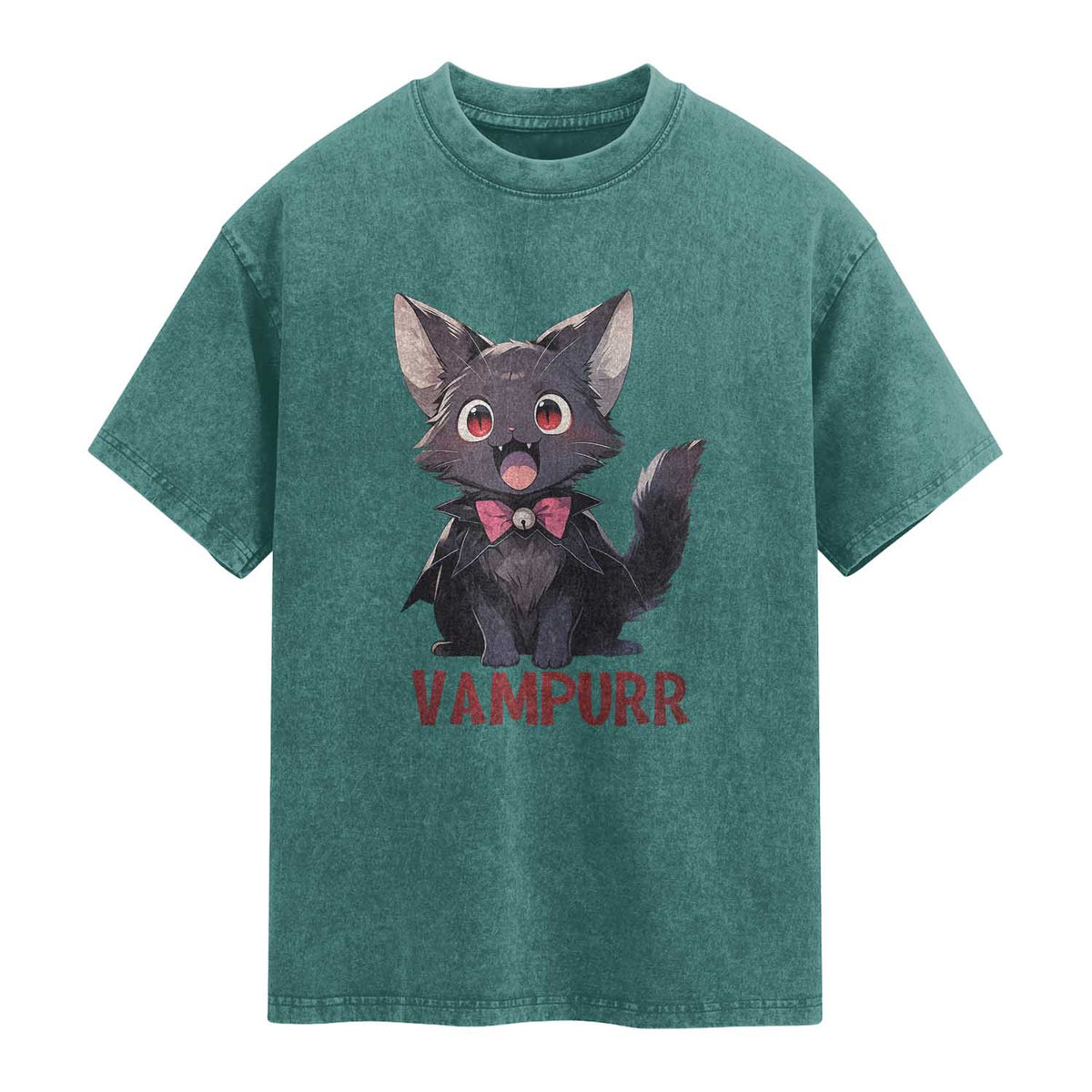 Halloween Black Vampire Cat Washed Cotton T-Shirt Vampurr Cute Kitty Lover
